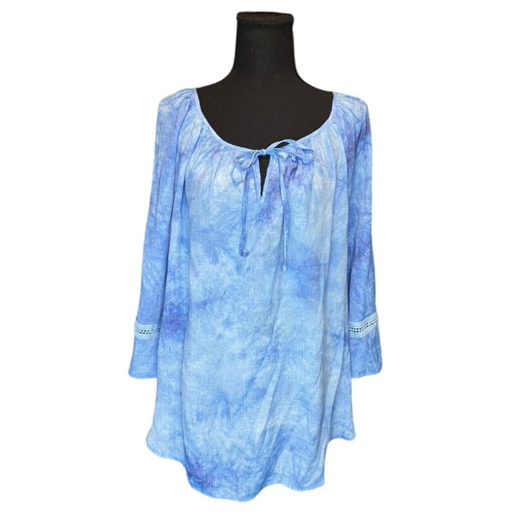 AGB Woman 3X Blue Tie Dye Boho Peasant Top Plus Tunic Blouse Crochet Trim D226 - Picture 1 of 10